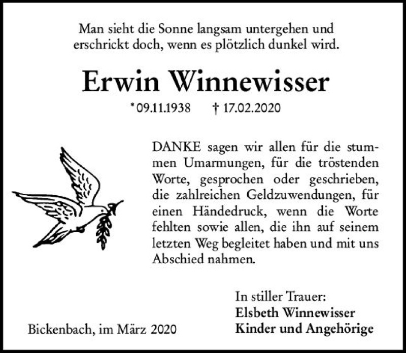  Traueranzeige für Erwin Winnewisser vom 14.03.2020 aus vrm-trauer