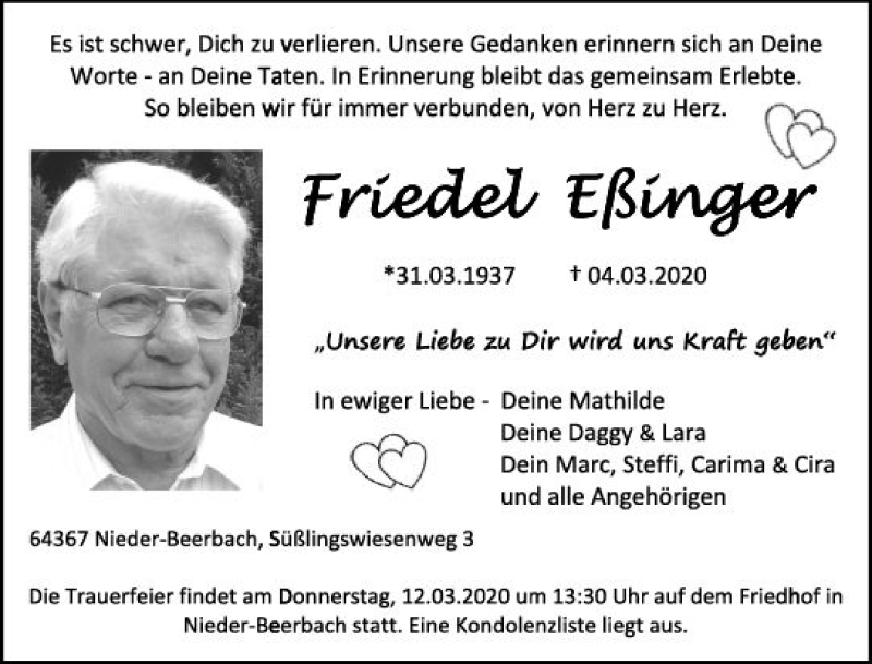  Traueranzeige für Friedel Eßinger vom 07.03.2020 aus vrm-trauer