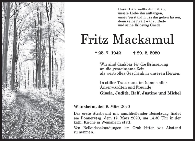  Traueranzeige für Fritz Mackamul vom 09.03.2020 aus vrm-trauer