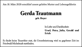 Traueranzeige von Gerda Trautmann von vrm-trauer