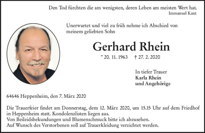  Traueranzeige für Gerhard Rhein vom 07.03.2020 aus vrm-trauer