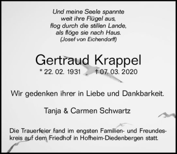 Traueranzeige von Gertraud Krappel von vrm-trauer