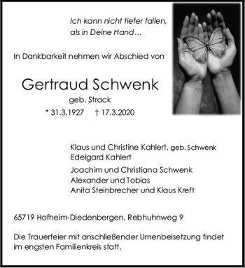Traueranzeige von Gertraud Schwenk von vrm-trauer