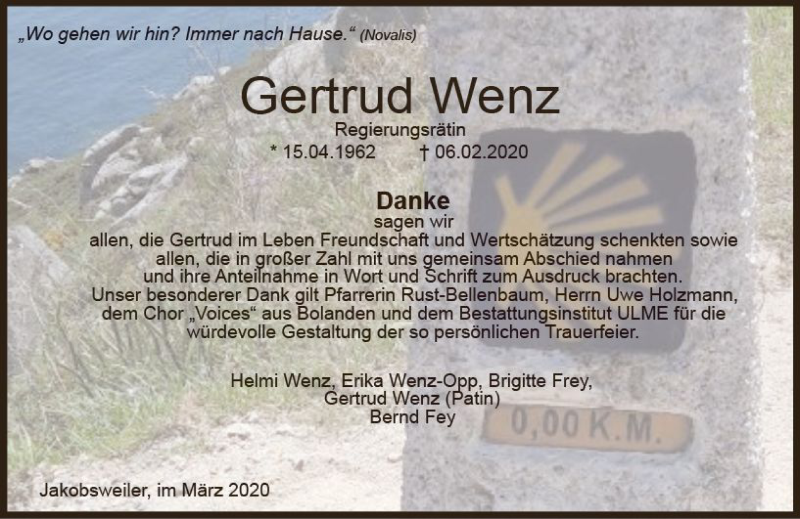  Traueranzeige für Gertrud Wenz vom 26.03.2020 aus vrm-trauer