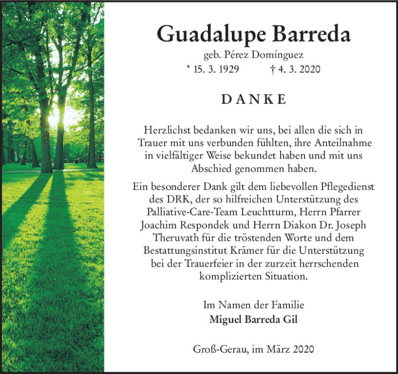  Traueranzeige für Guadalupe Barreda vom 28.03.2020 aus vrm-trauer