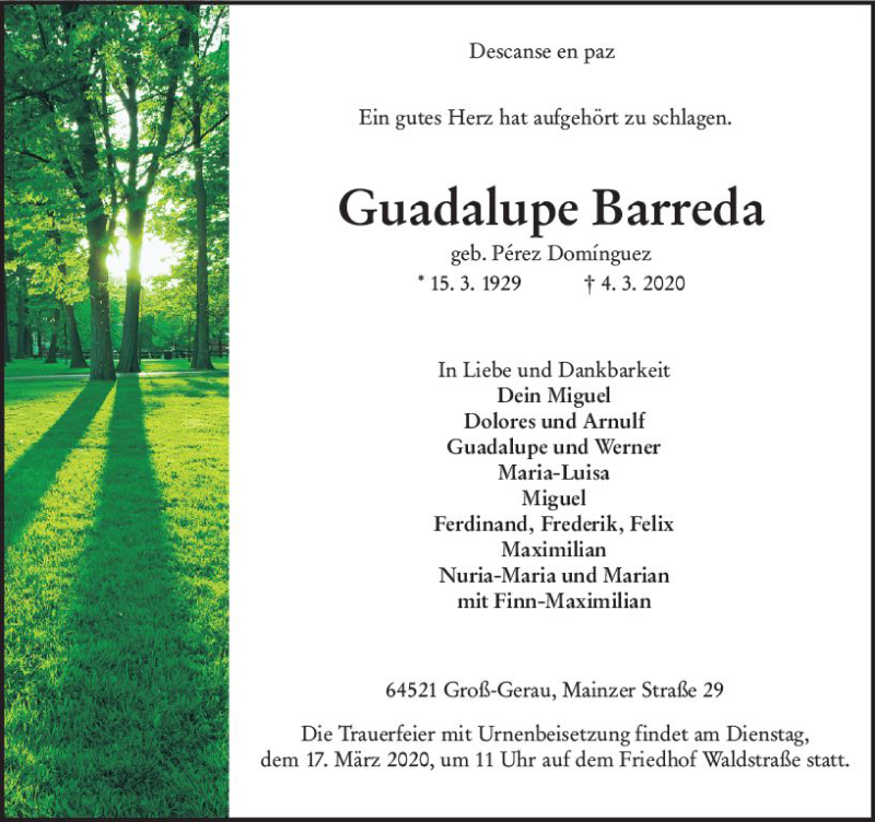  Traueranzeige für Guadalupe Barreda vom 14.03.2020 aus vrm-trauer