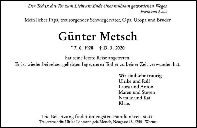  Traueranzeige für Günter Metsch vom 21.03.2020 aus vrm-trauer