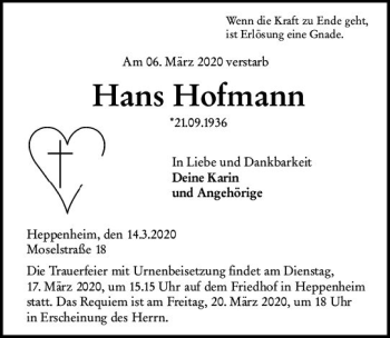 Traueranzeige von Hans Hofmann von vrm-trauer