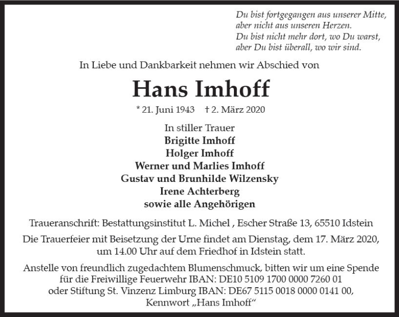  Traueranzeige für Hans Imhoff vom 14.03.2020 aus vrm-trauer