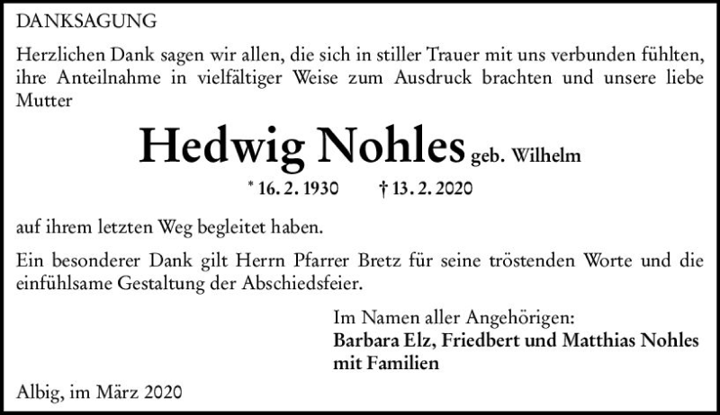  Traueranzeige für Hedwig Nohles vom 07.03.2020 aus vrm-trauer