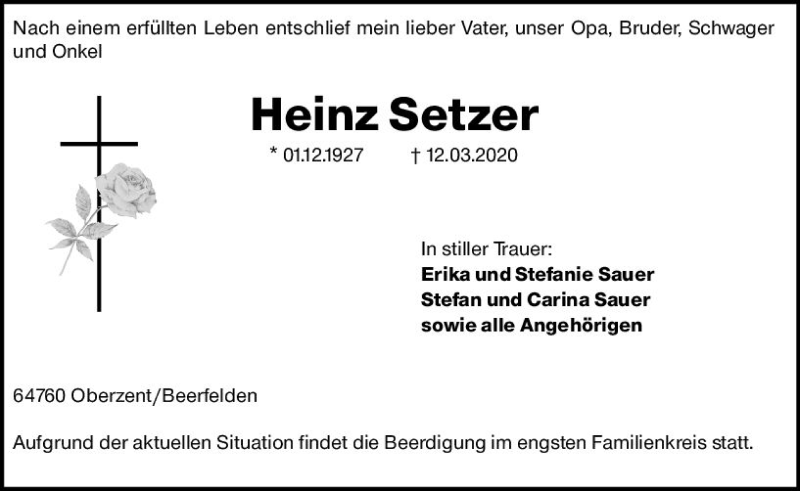  Traueranzeige für Heinz Setzer vom 17.03.2020 aus vrm-trauer