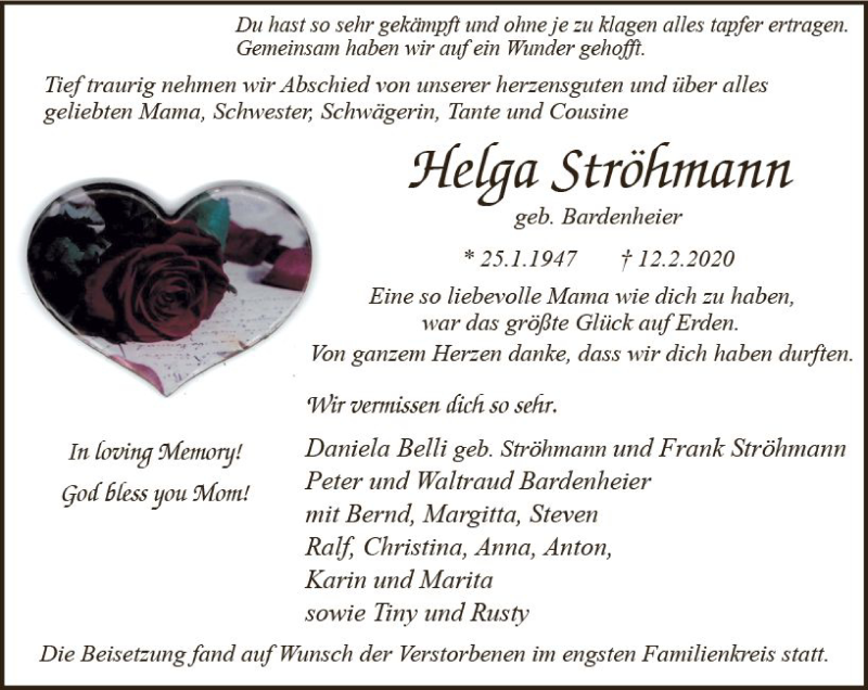  Traueranzeige für Helga Ströhmann vom 14.03.2020 aus vrm-trauer