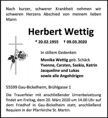 Traueranzeige von Herbert Wettig von vrm-trauer