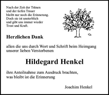Traueranzeige von Hildegard Henkel von vrm-trauer