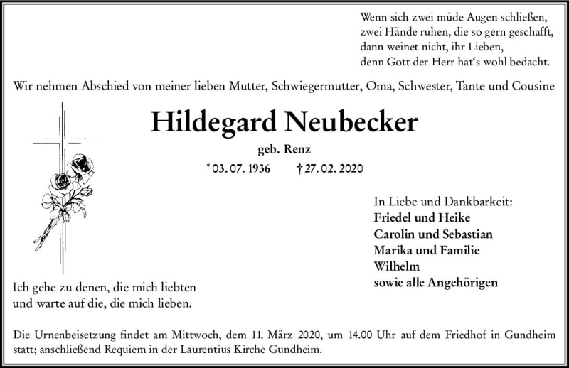  Traueranzeige für Hildegard Neubecker vom 07.03.2020 aus vrm-trauer