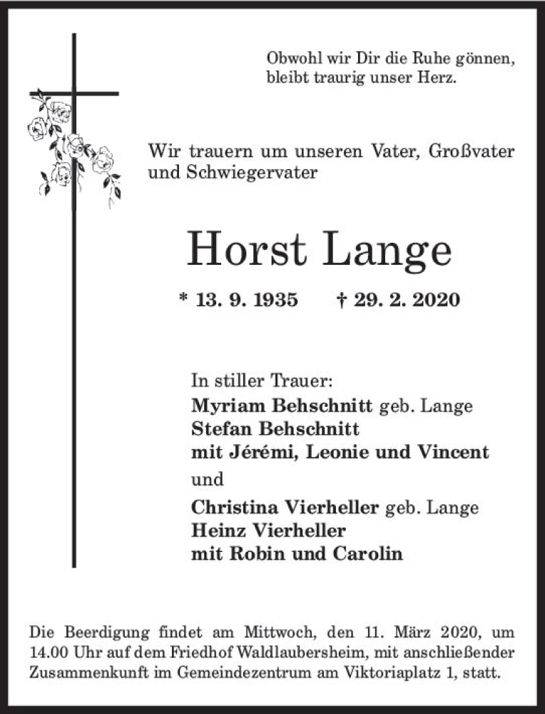 Traueranzeige für Horst Lange vom 07.03.2020 aus vrm-trauer