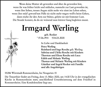 Traueranzeige von Irmgard Werling von vrm-trauer