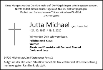 Traueranzeige von Jutta Michael von vrm-trauer