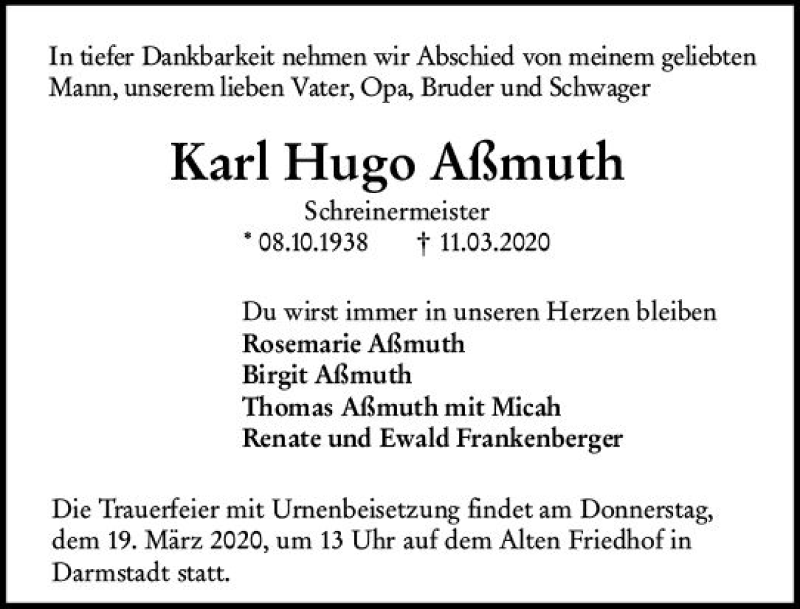  Traueranzeige für Karl Hugo Aßmuth vom 14.03.2020 aus vrm-trauer