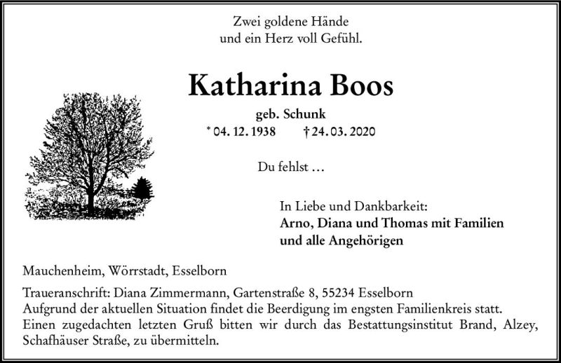  Traueranzeige für Katharina Boos vom 26.03.2020 aus vrm-trauer