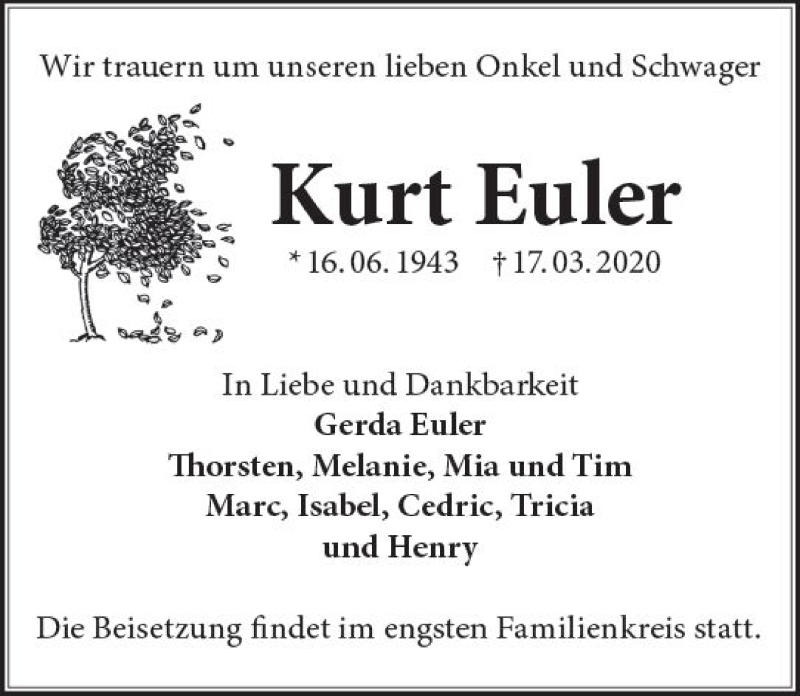  Traueranzeige für Kurt Euler vom 21.03.2020 aus vrm-trauer