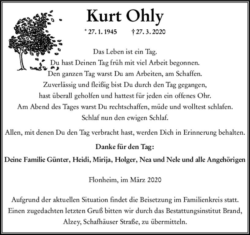  Traueranzeige für Kurt Ohly vom 28.03.2020 aus vrm-trauer