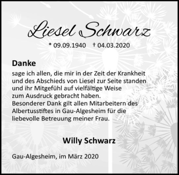 Traueranzeige von Liesel Schwarz von vrm-trauer