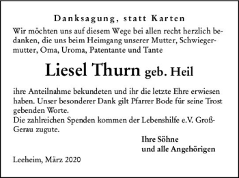 Traueranzeige von Liesel Thurn von vrm-trauer