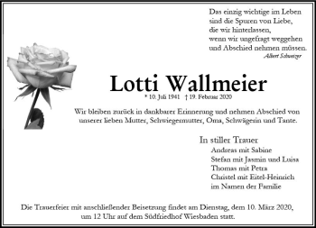 Traueranzeige von Lotti Wallmeier von vrm-trauer
