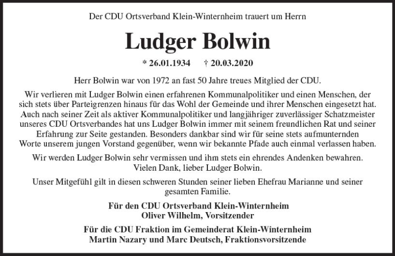 Traueranzeige für Ludger Bolwin vom 24.03.2020 aus vrm-trauer