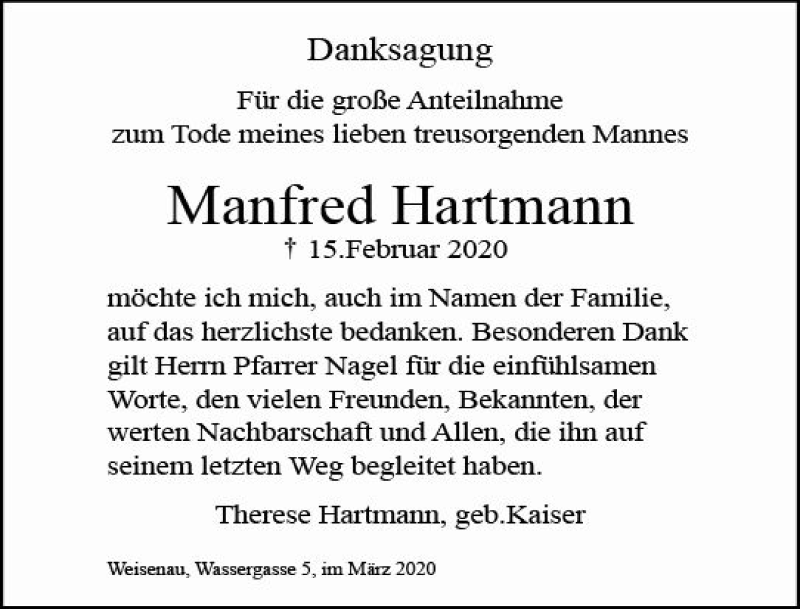  Traueranzeige für Manfred Hartmann vom 14.03.2020 aus vrm-trauer