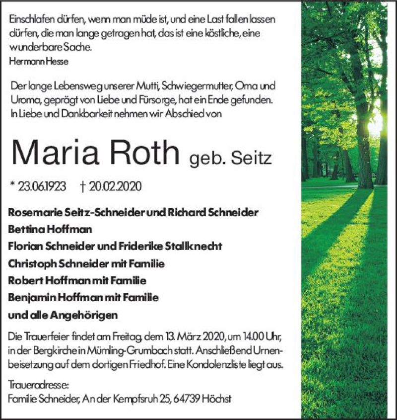  Traueranzeige für Maria Roth vom 04.03.2020 aus vrm-trauer