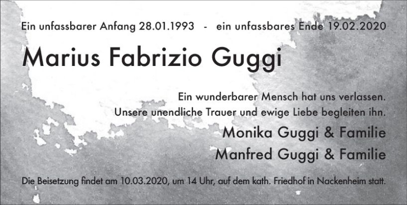  Traueranzeige für Marius Fabrizio Guggi vom 07.03.2020 aus vrm-trauer