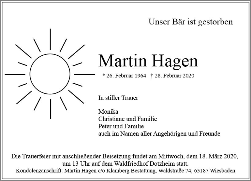  Traueranzeige für Martin Hagen vom 07.03.2020 aus vrm-trauer