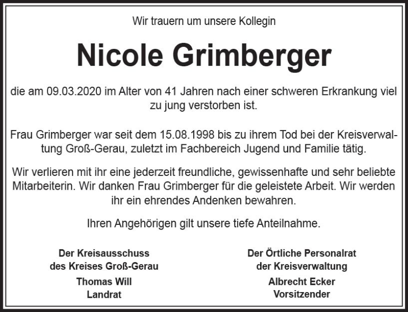  Traueranzeige für Nicole Grimberger vom 21.03.2020 aus vrm-trauer