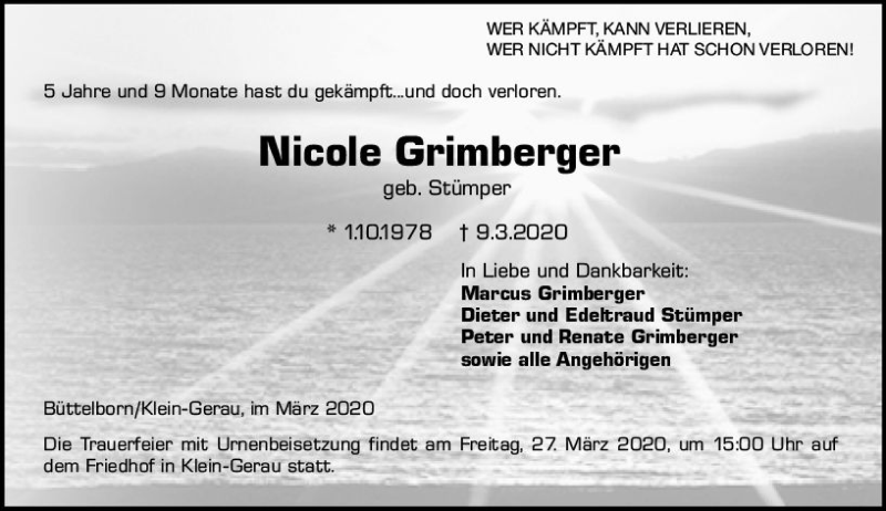  Traueranzeige für Nicole Grimberger vom 21.03.2020 aus vrm-trauer