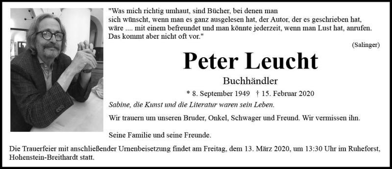  Traueranzeige für Peter Leucht vom 07.03.2020 aus vrm-trauer