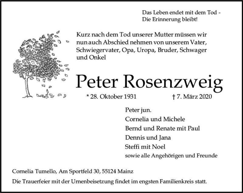  Traueranzeige für Peter Rosenzweig vom 21.03.2020 aus vrm-trauer