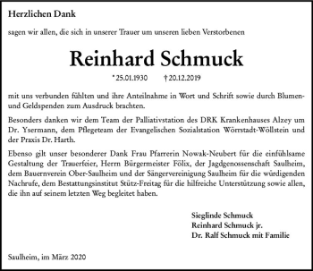 Traueranzeige von Reinhard Schmuck von vrm-trauer