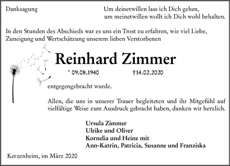  Traueranzeige für Reinhard Zimmer vom 07.03.2020 aus vrm-trauer