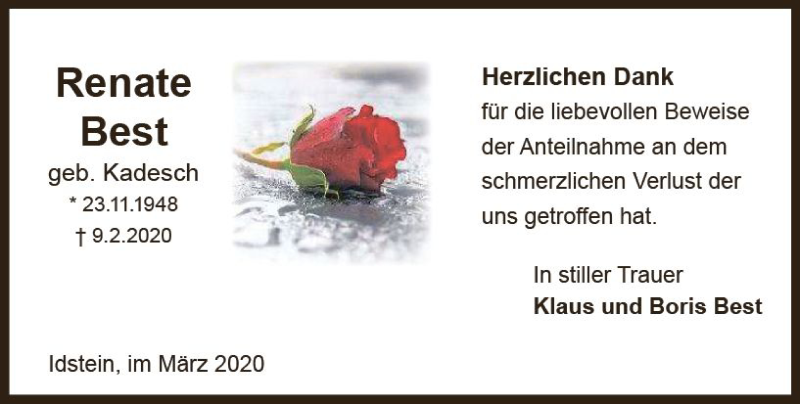  Traueranzeige für Renate Best vom 07.03.2020 aus vrm-trauer