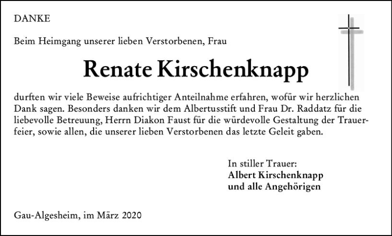  Traueranzeige für Renate Kirschenknapp vom 21.03.2020 aus vrm-trauer
