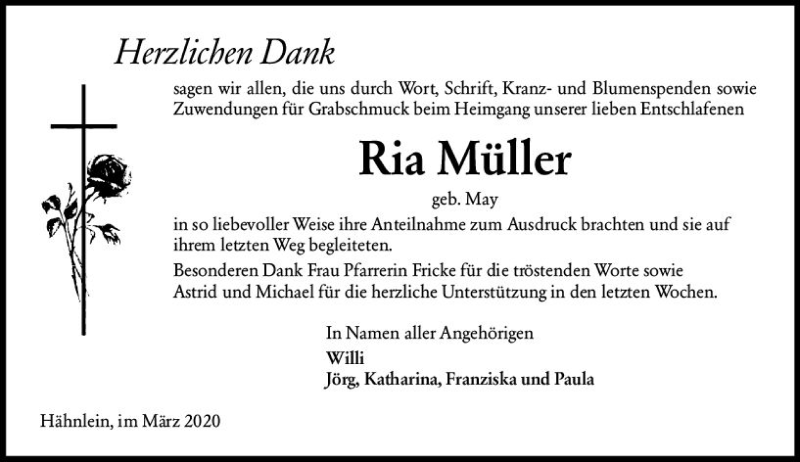  Traueranzeige für Ria Müller vom 14.03.2020 aus vrm-trauer