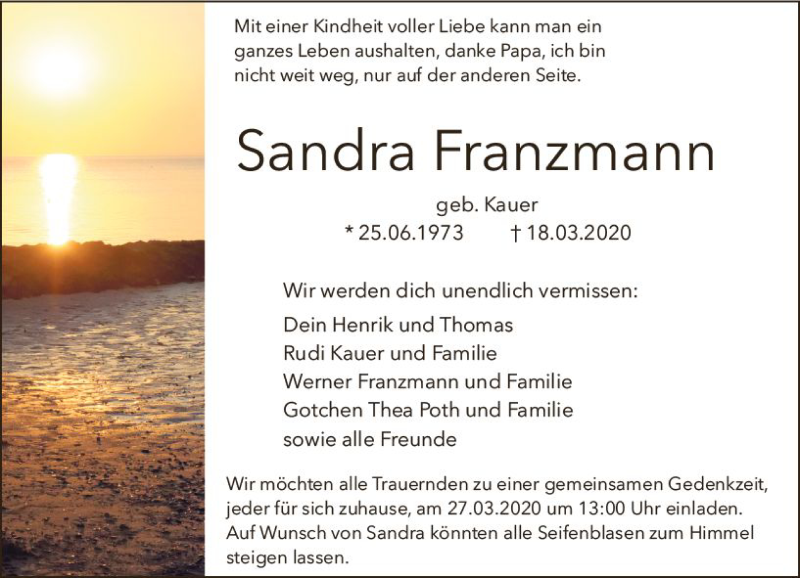  Traueranzeige für Sandra Franzmann vom 25.03.2020 aus vrm-trauer