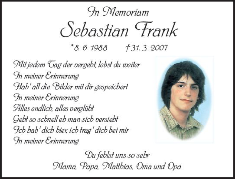  Traueranzeige für Sebastian Frank vom 31.03.2020 aus vrm-trauer