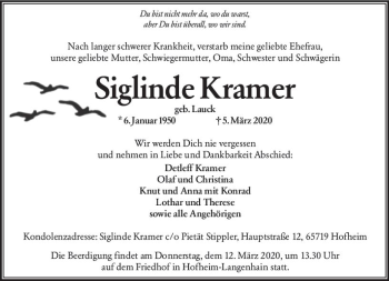 Traueranzeige von Siglinde Kramer von vrm-trauer