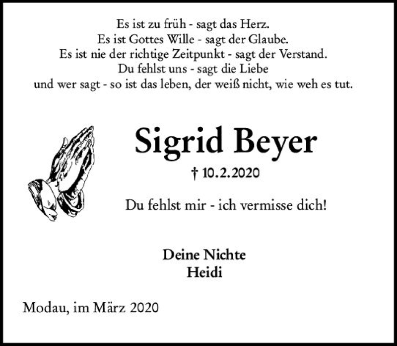  Traueranzeige für Sigrid Beyer vom 07.03.2020 aus vrm-trauer