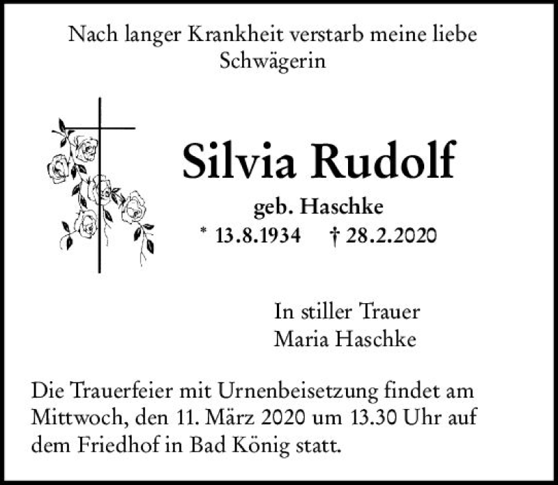  Traueranzeige für Silvia Rudolf vom 07.03.2020 aus vrm-trauer