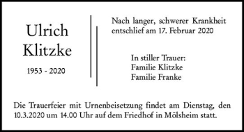 Traueranzeige von Ulrich Klitzke von vrm-trauer