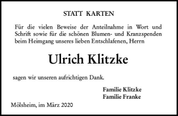 Traueranzeige von Ulrich Klitzke von vrm-trauer